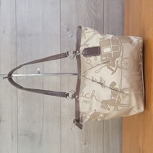 Coach F14482 Khaki Satin Leather Horse & Carriage Tote Shoulder Bag Handbag Purs